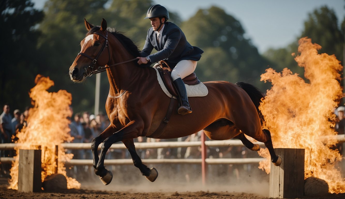 A horse jumps over a flaming obstacle, with a rider standing on its back, holding onto the reins. The audience watches in awe as the stunt double showcases their skill and bravery