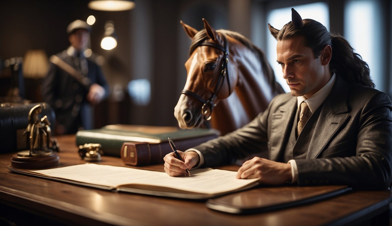 A figure signing legal documents while studying financial papers, with a horse and stunt equipment in the background