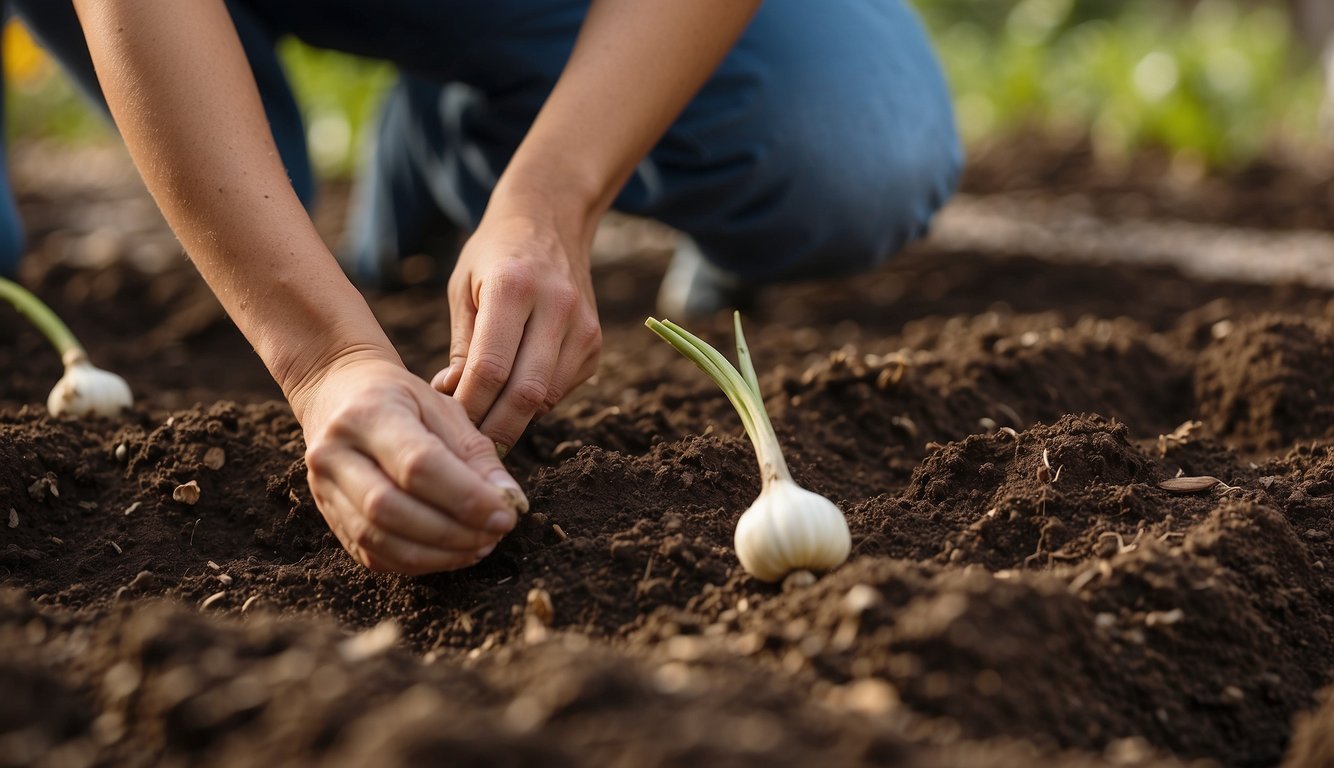 A person planting garlic bulbs in a garden bed, using a trowel to dig small holes and carefully placing the bulbs in the soil with the pointed end facing up