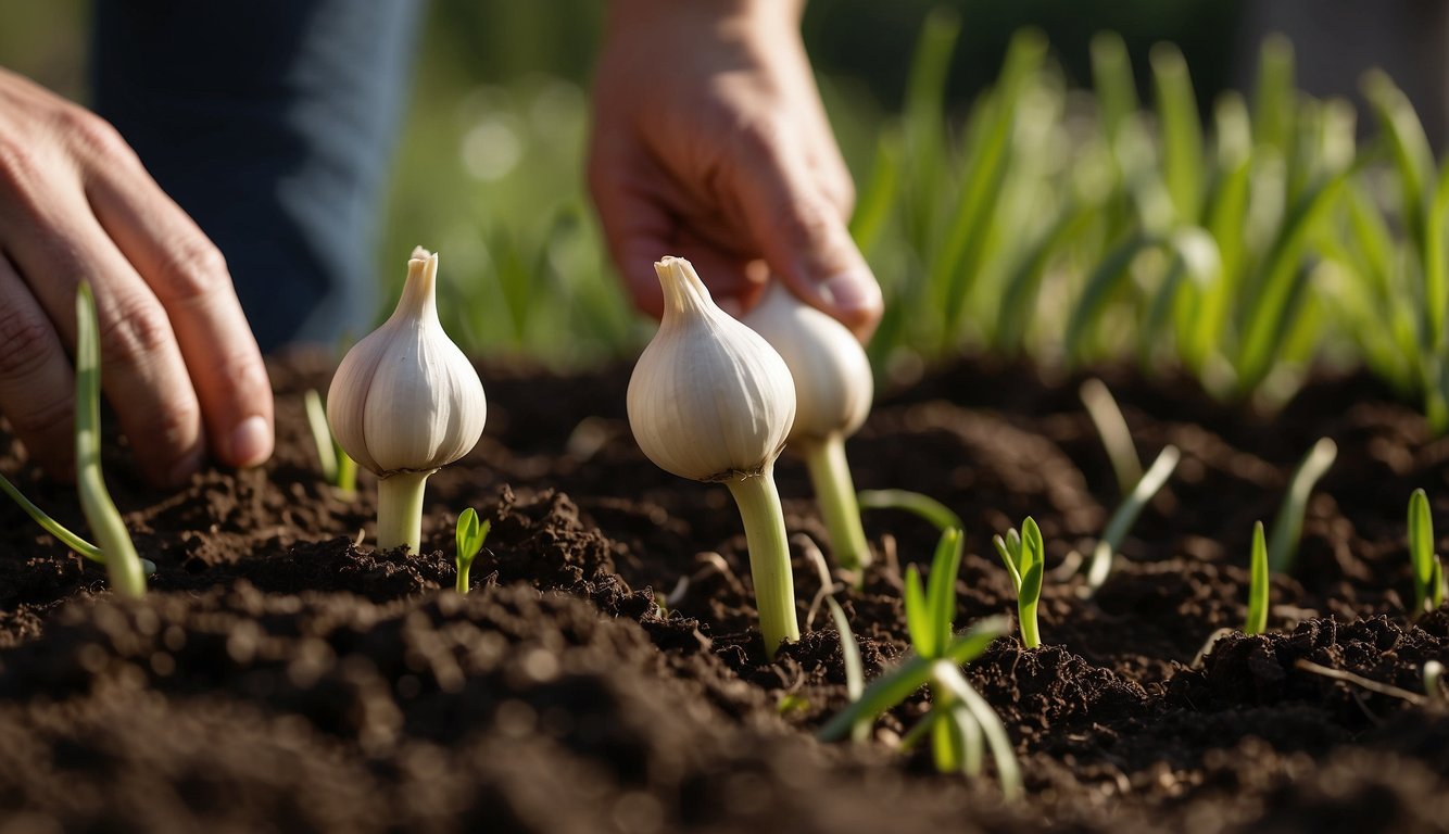 Garlic bulbs sprout in rich soil, surrounded by green shoots. A gardener gently tends to the plants, watering and weeding as they thrive in the spring sun