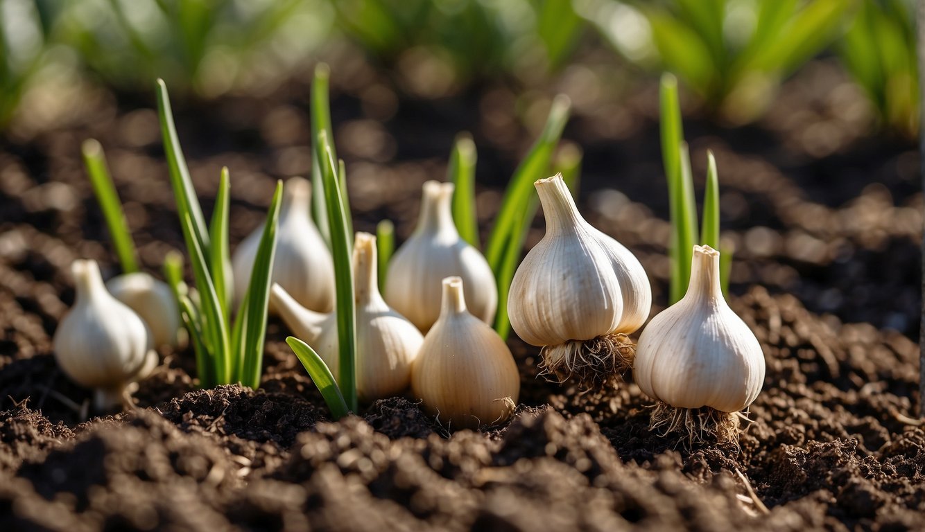 Garlic bulbs being planted in a garden bed during the spring
