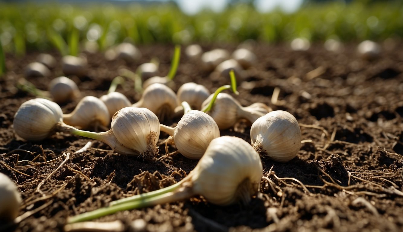 Garlic bulbs being pulled from the ground and laid out to dry in the sun