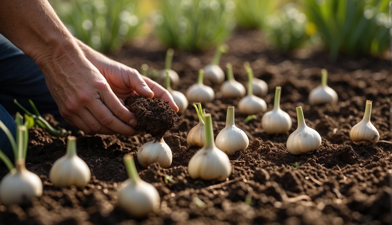 Garlic bulbs being planted in a garden bed in spring. The soil is being prepared and the bulbs are being carefully placed at regular intervals