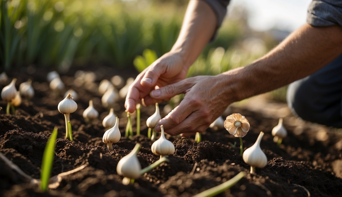 Garlic bulbs being planted in a sunlit garden bed, with a gardener's hand tucking them into the soil