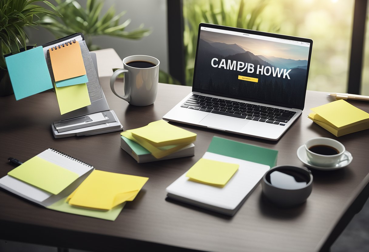 A desk with a laptop, notebook, and pen. A book cover mockup on the screen. Post-it notes with campaign goals and ad ideas