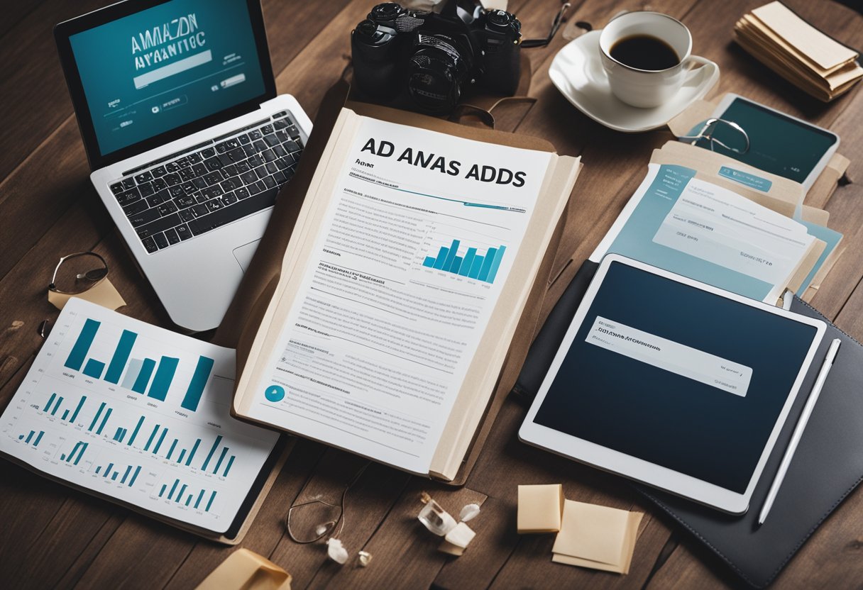 An open book with Amazon Ads Analytics data displayed, surrounded by crafting materials and a laptop with ad copy examples