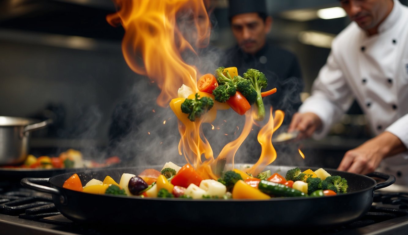 A chef sautés colorful unique vegetables in a sizzling pan, filling the air with aromatic flavors and creating a vibrant and visually appealing dish