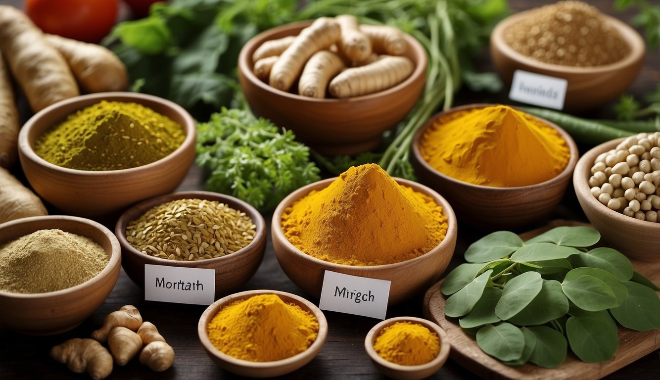 A variety of unique vegetables, such as turmeric, ginger, and moringa, are displayed with labels highlighting their health benefits and medicinal uses