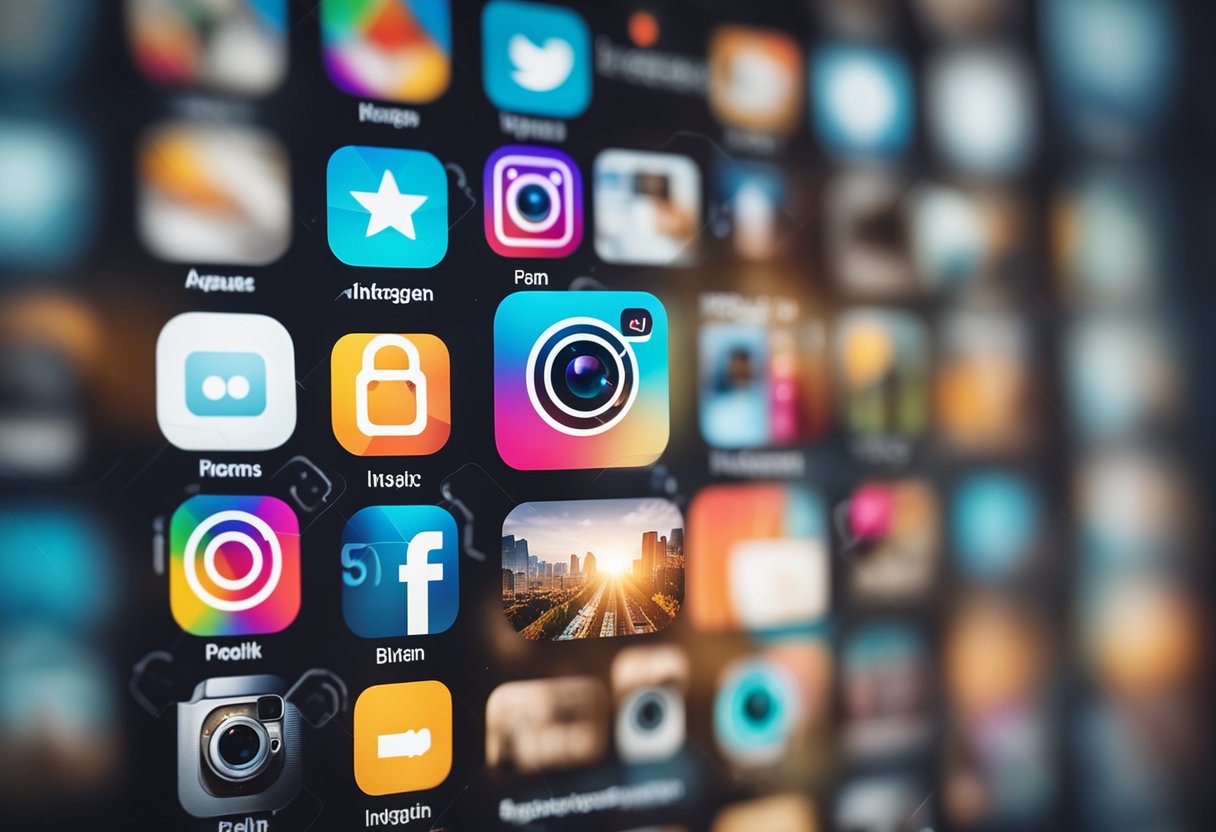 Bright, colorful Instagram posts and ads fill the screen, with engagement metrics and success indicators displayed in the background