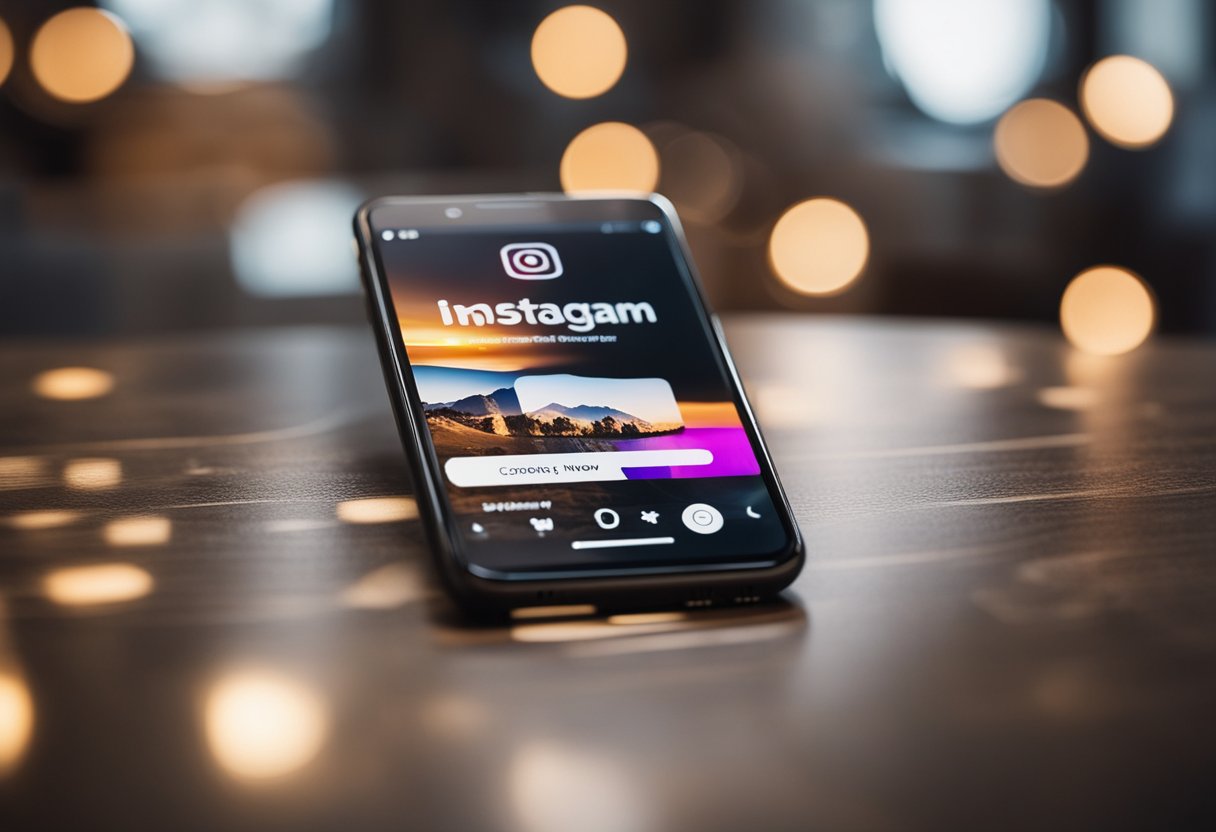 A smartphone with Instagram app open, showcasing a product with a "Shop Now" button, surrounded by relevant hashtags and engaging captions
