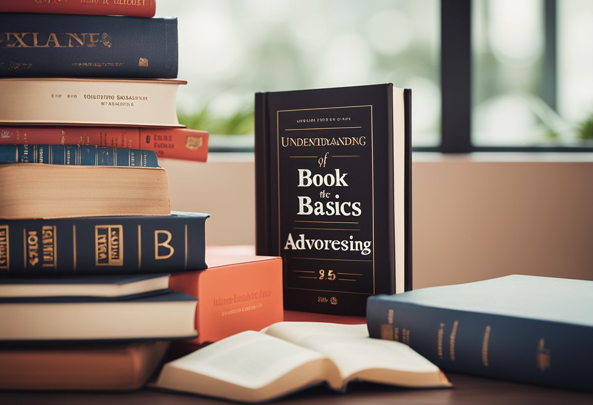 A book with a bold title "Understanding the Basics of Book Advertising" sits next to a pile of unsuccessful book ads. A red "X" marks the mistakes to avoid