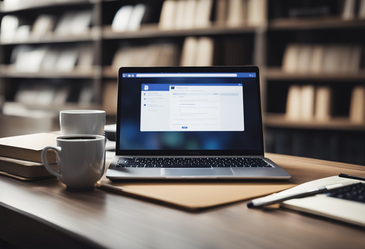 A desk with a laptop, notebook, and pen. A stack of books on one side, a cup of coffee on the other. A Facebook logo visible on the laptop screen