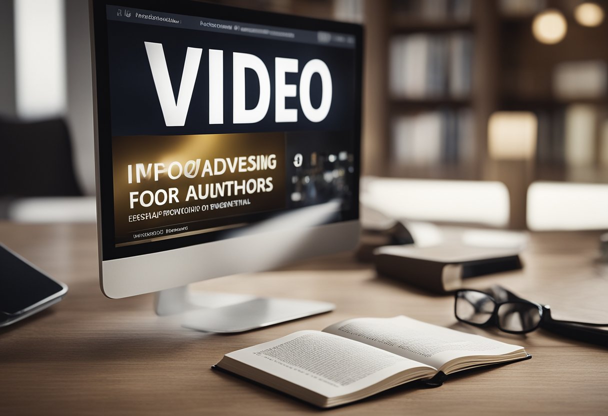 A book with "Video Advertising for Authors" cover displayed on a Facebook page, surrounded by FAQ section and essential information