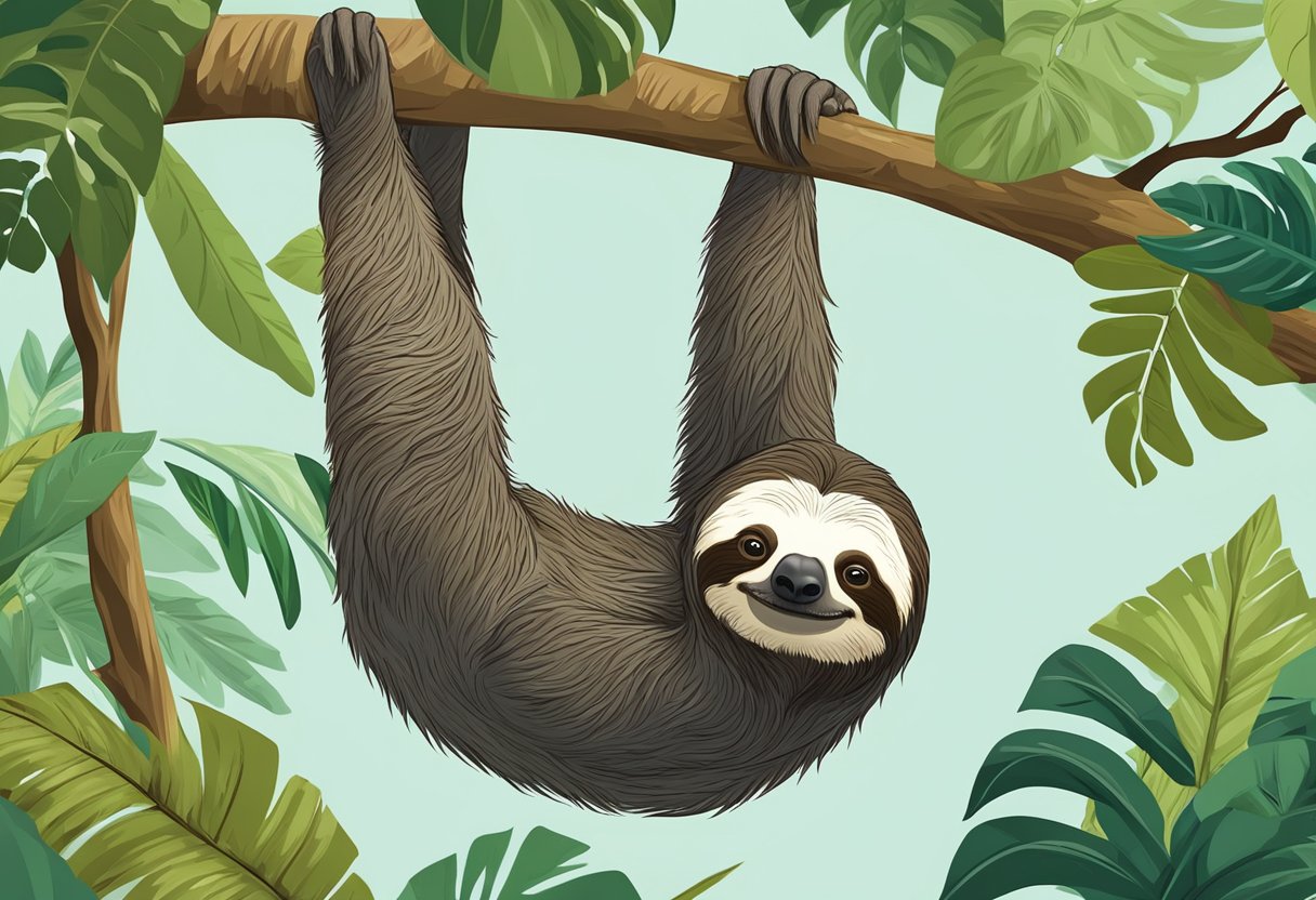 A sloth hangs upside down from a tree branch, munching on leaves in its lush rainforest habitat. Its slow movements and unique features are highlighted in the illustration