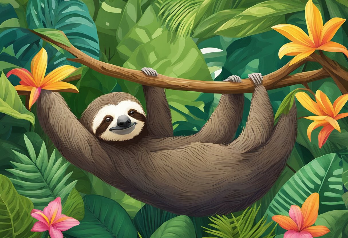 A sloth hangs lazily from a tree branch in a lush rainforest, surrounded by vibrant green foliage and colorful tropical flowers. The sloth munches on leaves, its slow movements blending seamlessly with the tranquil environment