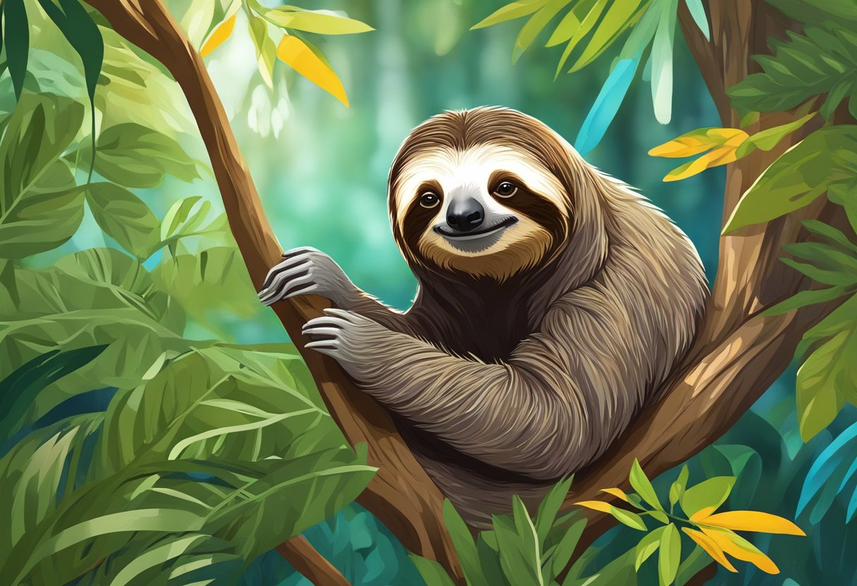 Sloth hangs from tree, munching on leaves. Lush jungle backdrop with vibrant flora. Peaceful expression on sloth's face