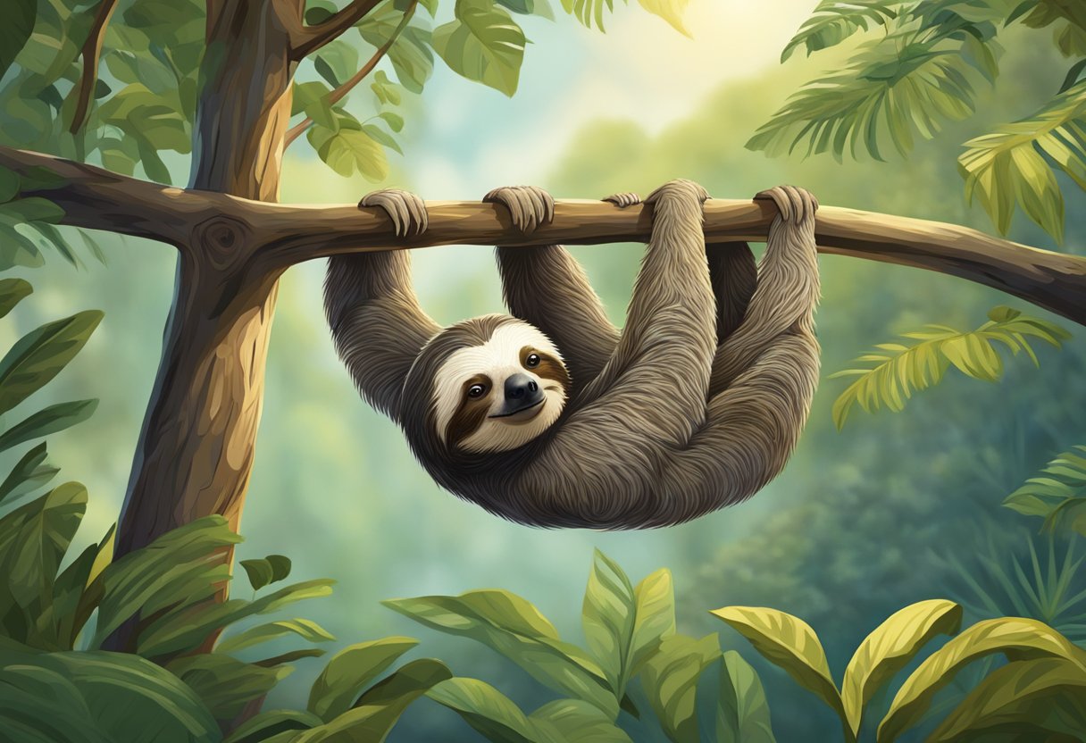 A sloth hangs upside down from a tree branch, its slow movements and relaxed posture reflecting its lazy nature. Surrounding foliage and a peaceful forest setting complete the scene
