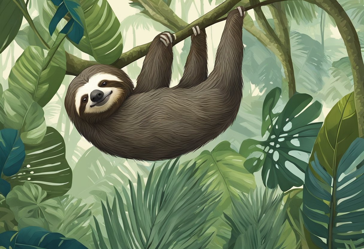 A sloth hangs from a tree branch in a lush tropical rainforest. It slowly moves its long limbs to reach for leaves to eat. The peaceful creature showcases its unique fur and slow movements