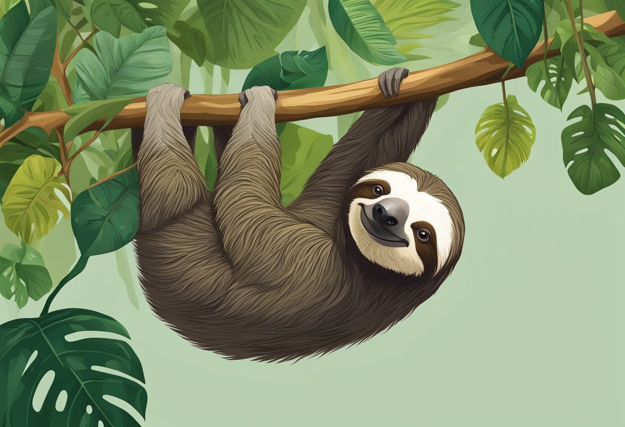 A sloth hangs from a tree branch in a lush rainforest, surrounded by vibrant green foliage. It lazily munches on leaves, its slow movements capturing the essence of its relaxed nature