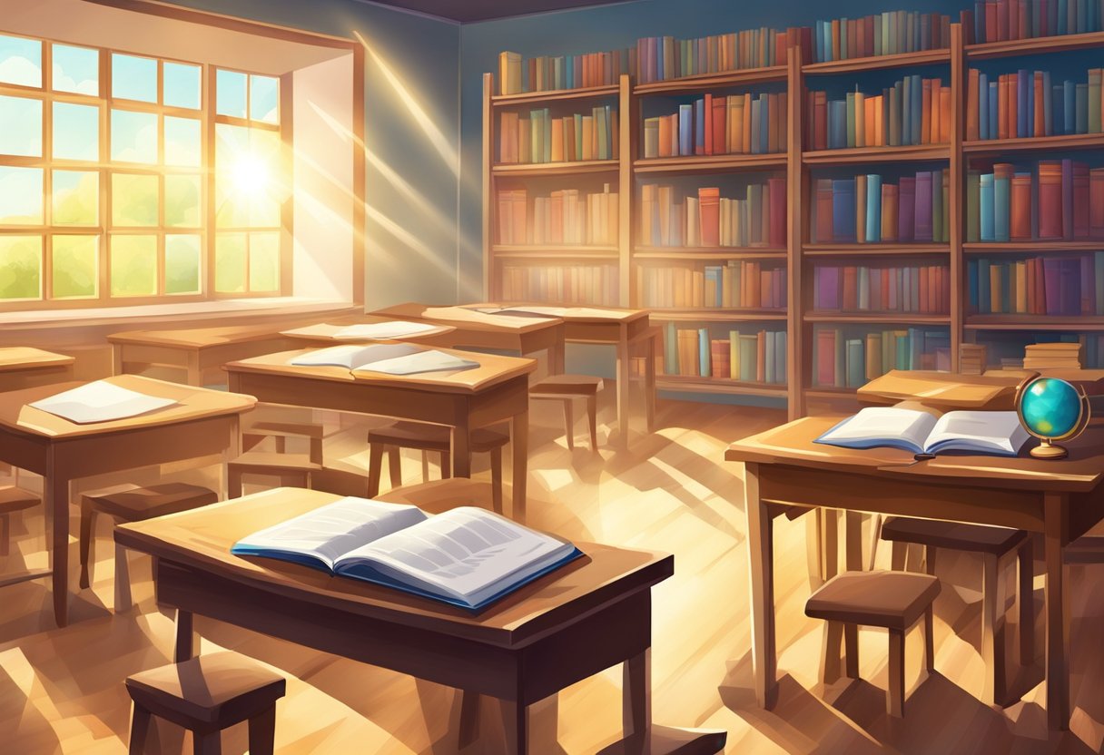A classroom filled with light, books, and educational tools. A beam of light shines down on a desk, symbolizing breakthrough in learning