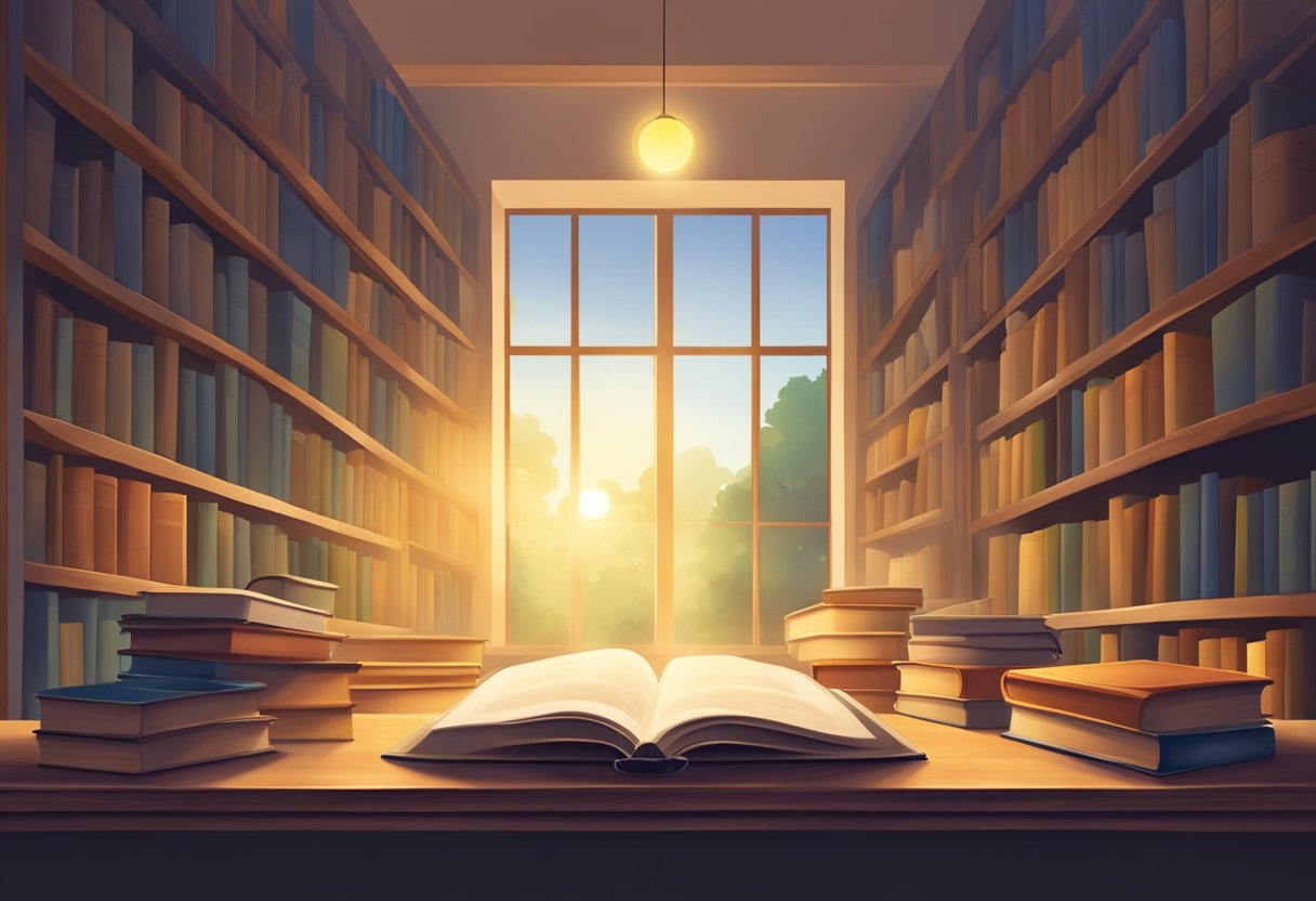 A serene classroom setting with books, a glowing light representing knowledge, and a sense of tranquility and focus for effective prayer in education