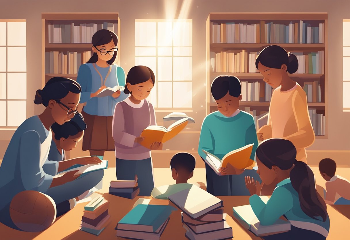 A group of educators and students gather in prayer, surrounded by books and educational materials. Light streams in through the windows, symbolizing breakthrough and enlightenment in learning