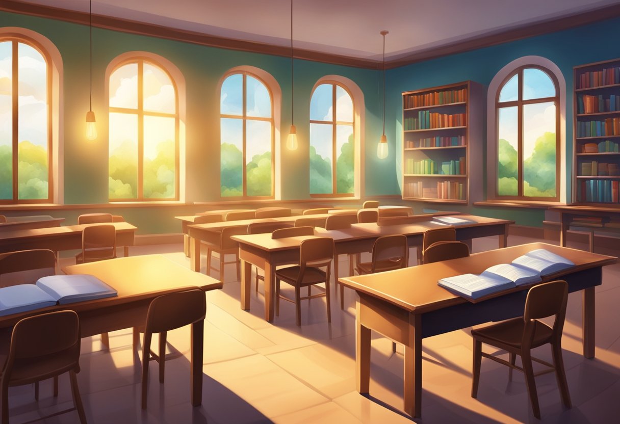 A serene classroom with books, open windows, and a glowing light symbolizing breakthrough in education and learning