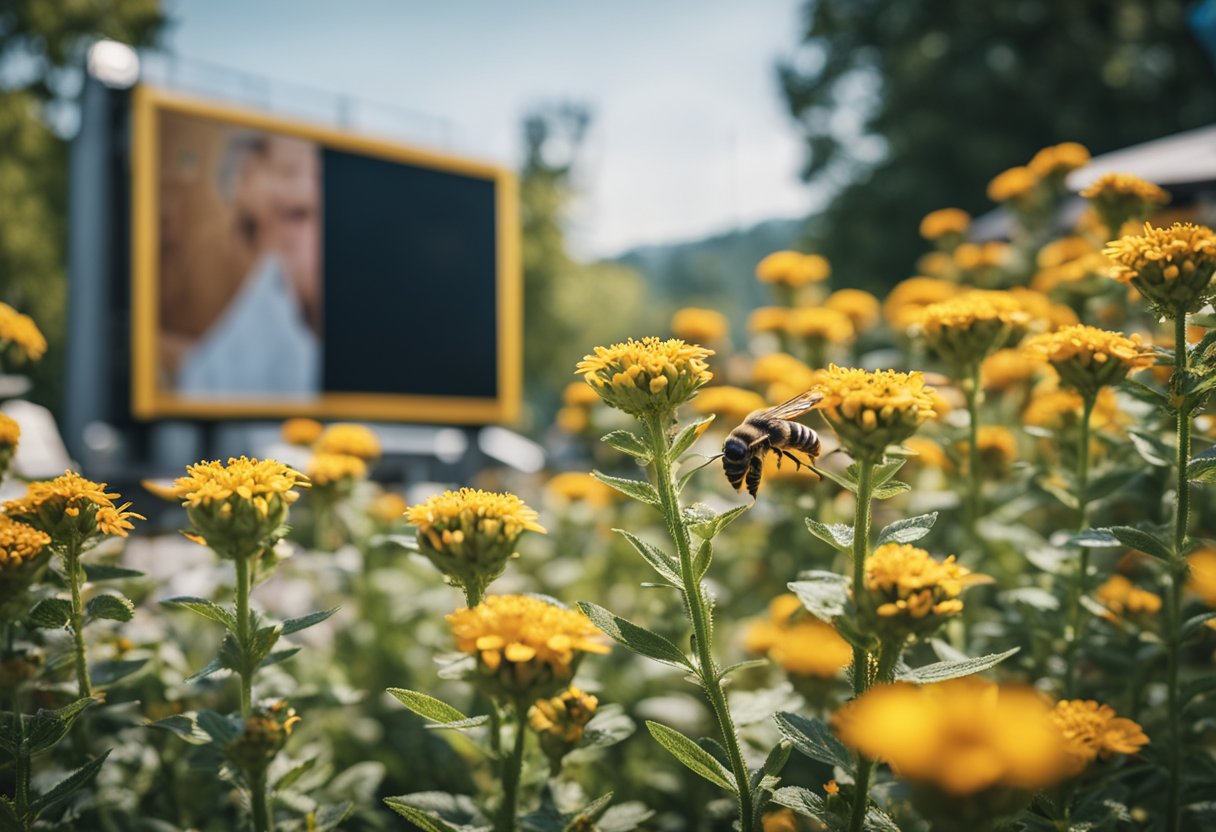 A buzzing beehive surrounded by vibrant flowers, with a book cover displayed prominently on a billboard in the background