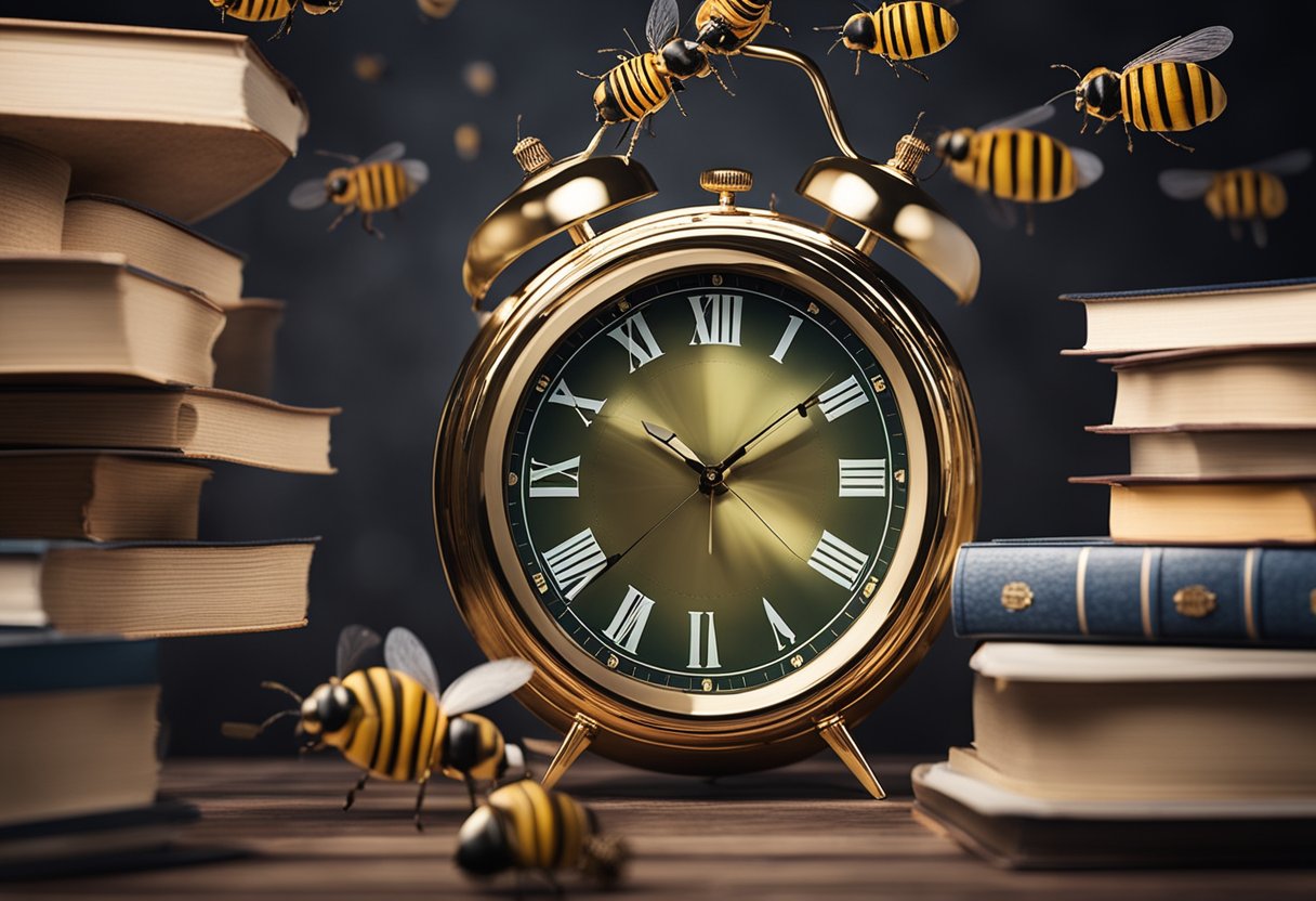 A clock ticking, surrounded by floating books and a buzzing beehive, with a banner reading "Pre-Launch Advertising Strategies for Authors"