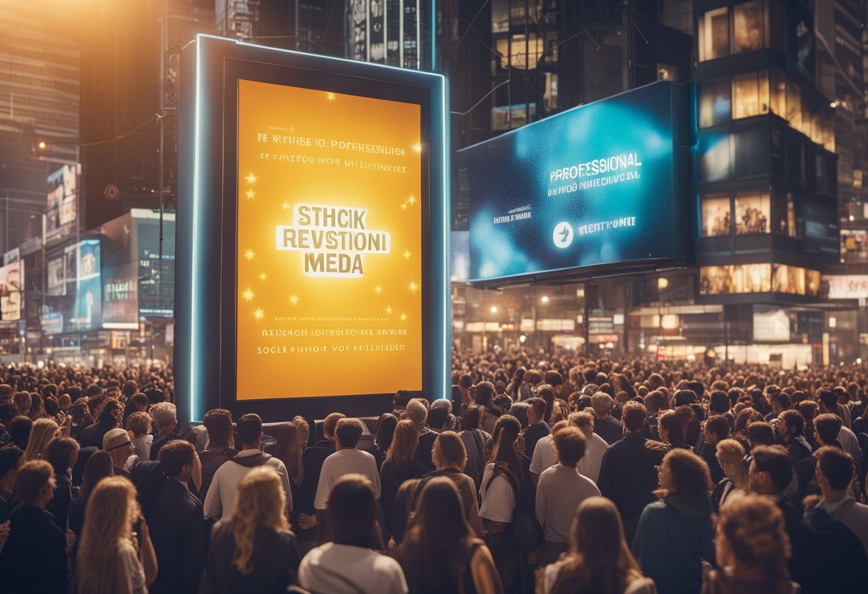 A book cover with glowing reviews displayed on a billboard, surrounded by a crowd of excited readers and influencers sharing the book on social media