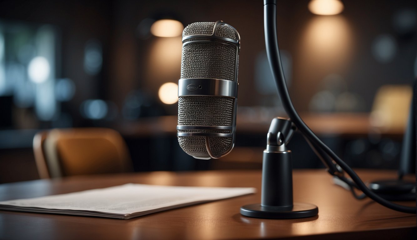 A microphone stands ready on a polished desk, surrounded by soundproofing panels. A script lies open, waiting to be brought to life by a talented voice over artist