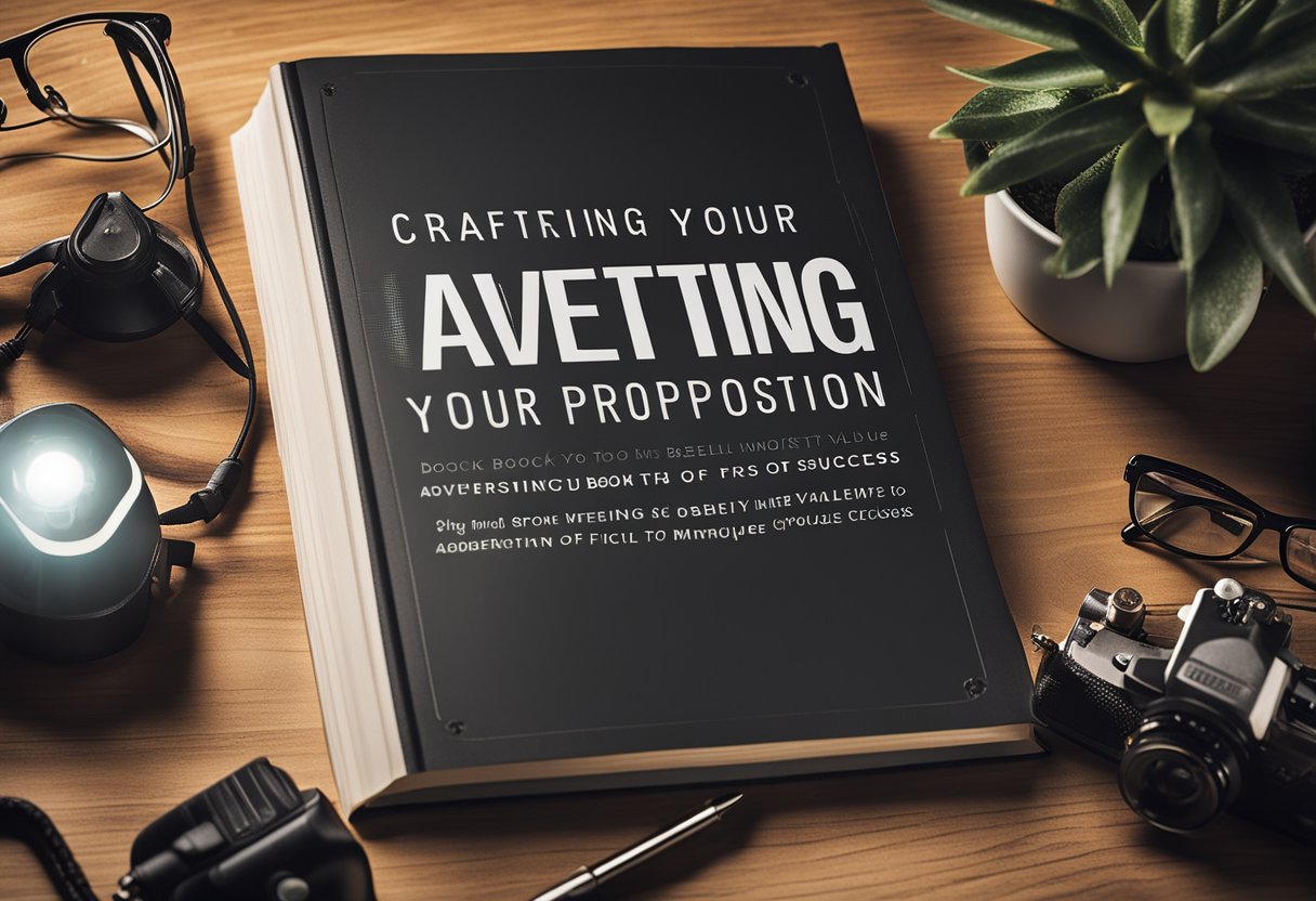 A book with a glowing spotlight on the title "Crafting Your Book's Unique Value Proposition From Obscurity to Bestseller: A Guide to Advertising Your First Book" surrounded by various marketing tools and symbols of success