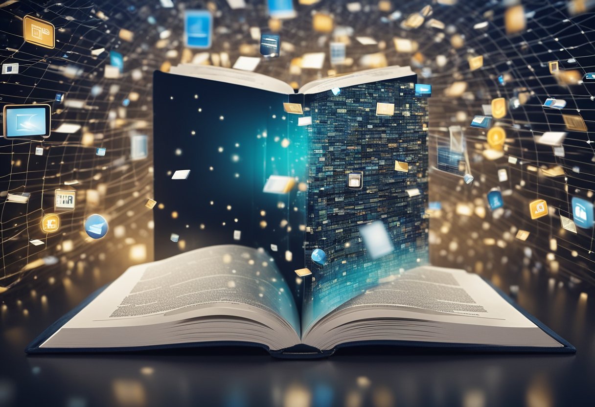 A book floating in a sea of digital data, with targeted ads reaching out to capture its attention. A web of interconnected devices surrounds it, symbolizing the reach of retargeting ads for authors