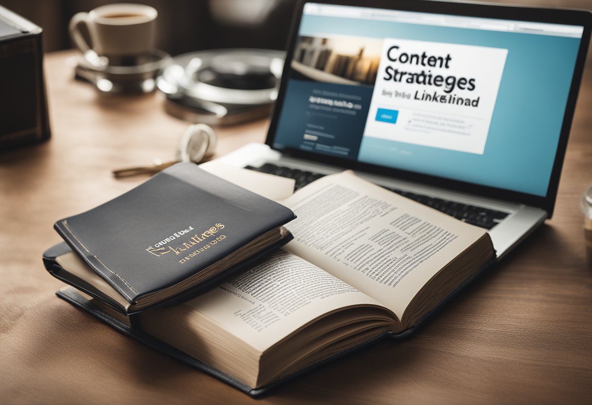 An open book with "Content Strategies for Authors" and "The Comprehensive Guide to LinkedIn Ads for Authors" on the cover, surrounded by a laptop, notebook, and pen