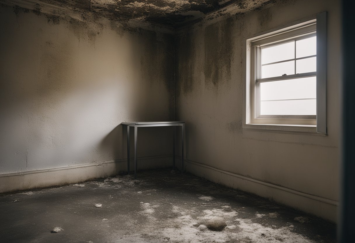 A room with visible signs of mold growth, such as discolored walls and ceilings, musty odor, and dampness. Various areas of the room should show evidence of mold, such as behind furniture and in corners