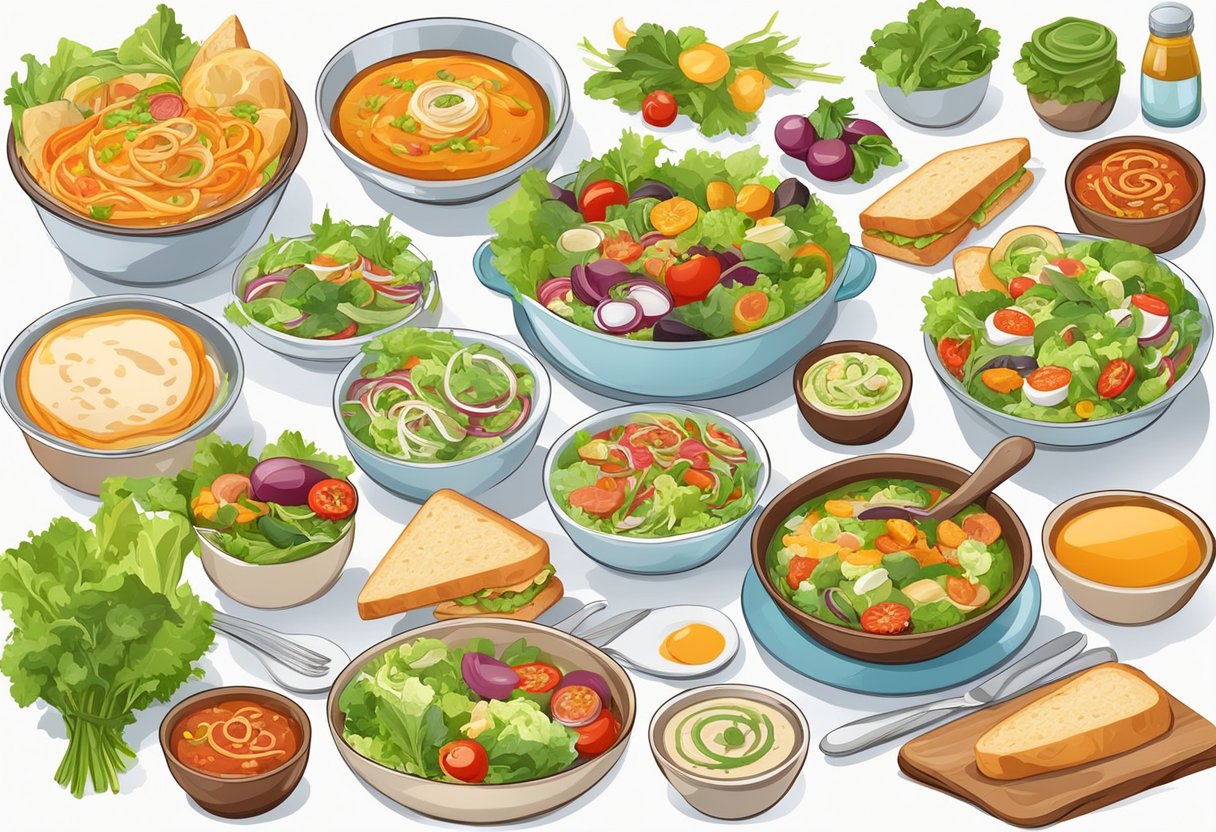A table set with a variety of colorful and appetizing dishes, including salads, sandwiches, and soups, surrounded by fresh ingredients and utensils