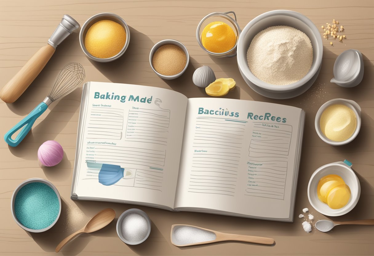 A kitchen counter with various baking ingredients, utensils, and a recipe book open to "Baking Made Easy 10 Easy And Delicious Recipes For Beginners."