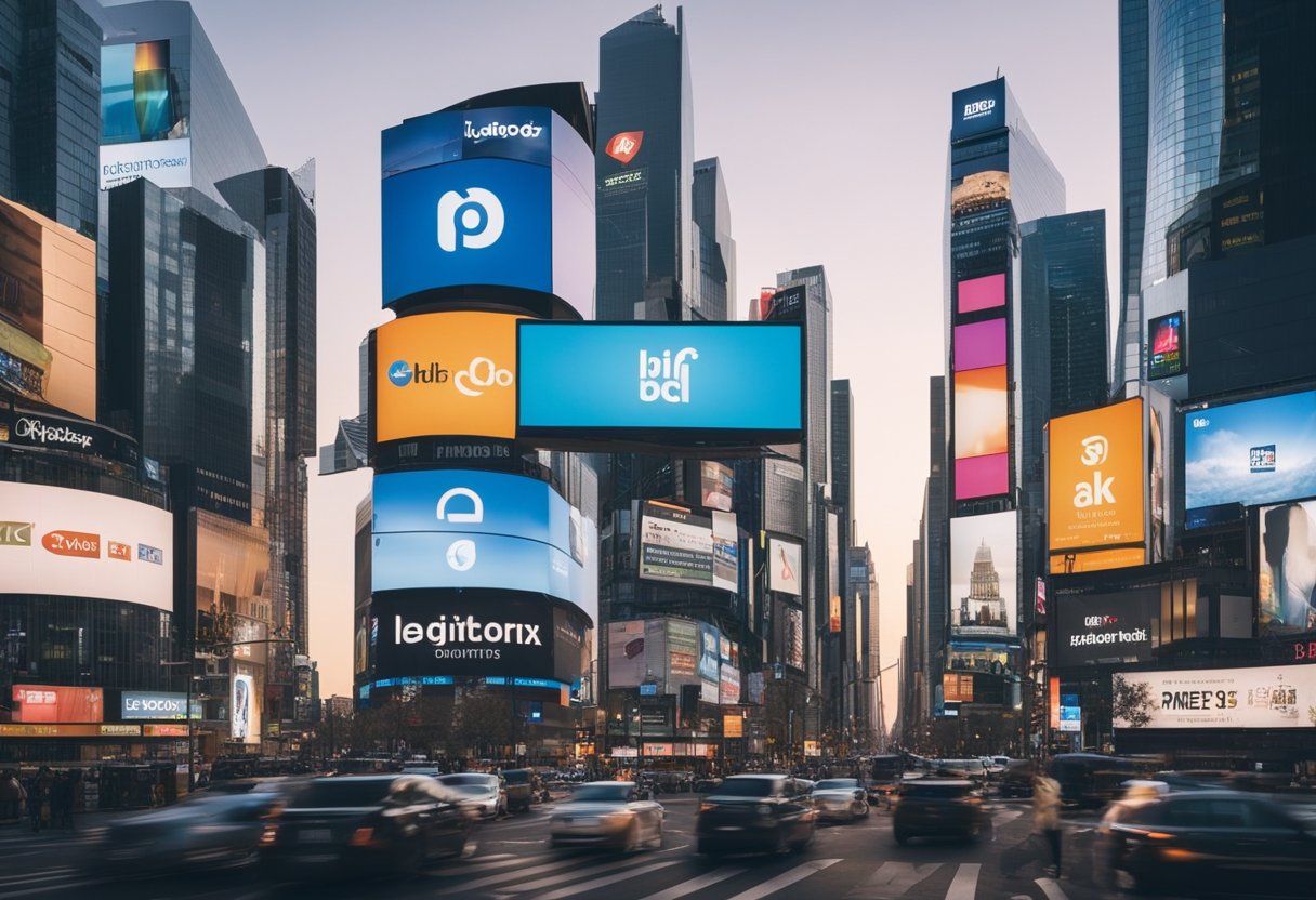 A busy cityscape with billboards, digital screens, and social media logos, showcasing the variety of advertising platforms available to authors