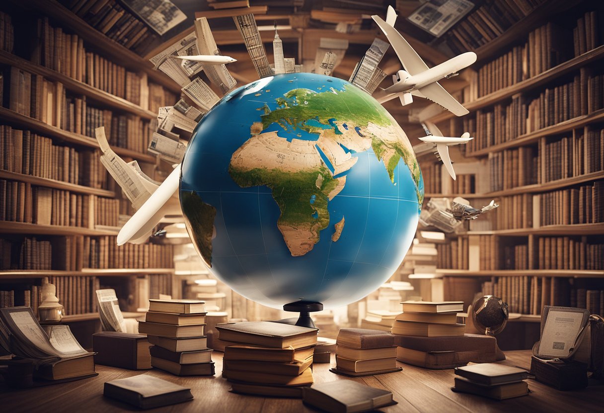 A globe surrounded by various international landmarks with books flying around it, representing the challenges of advertising books across different countries