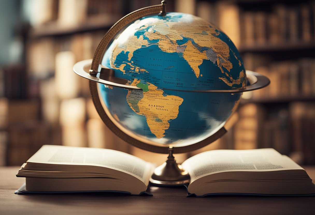 A globe surrounded by various international landmarks with books flying around it