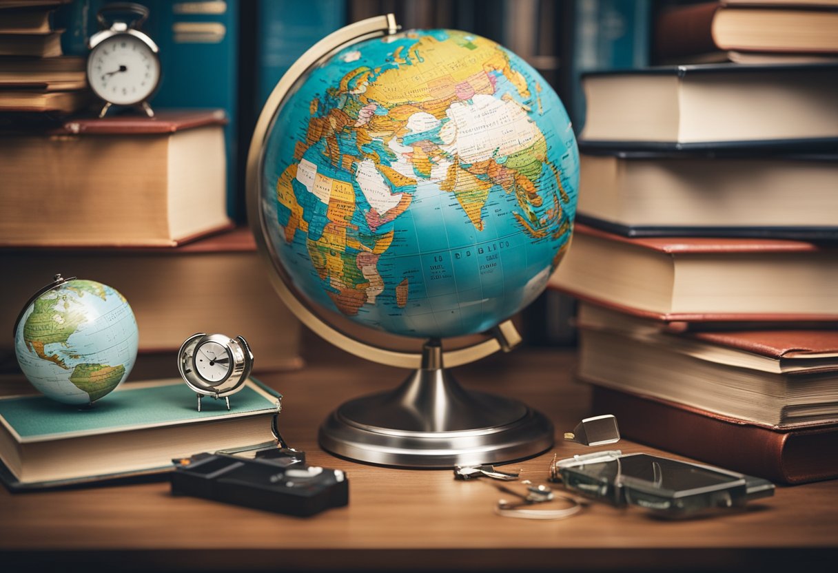 A globe surrounded by books, with measuring tools and charts, representing international book advertising success
