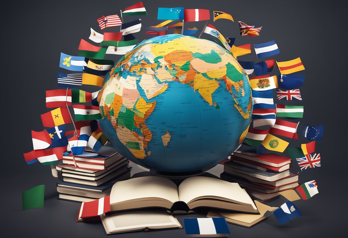 A globe surrounded by diverse books, flags, and marketing materials, symbolizing successful international book campaigns