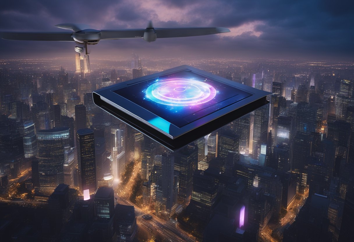 A holographic book cover rotates above a bustling city, with digital ads appearing around it. A drone delivers a book to a reader's doorstep