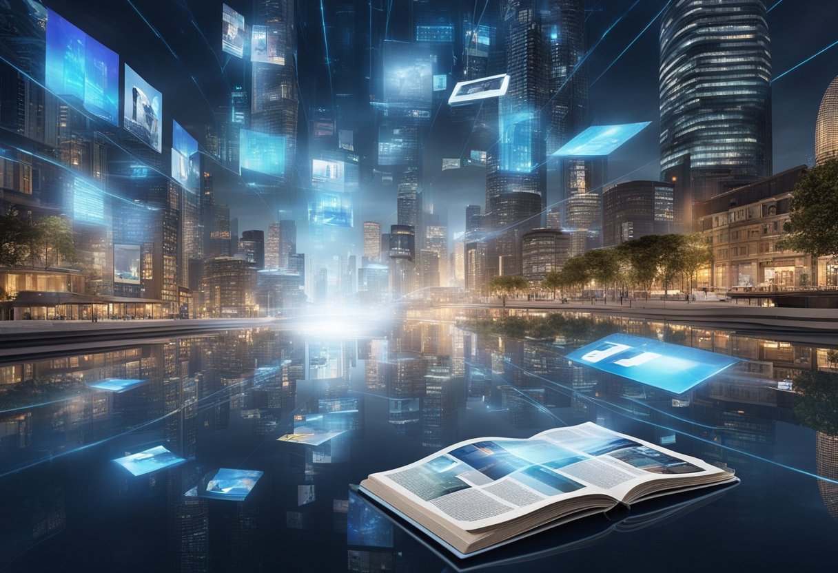 A futuristic cityscape with holographic book advertisements floating above buildings and digital screens displaying author trends