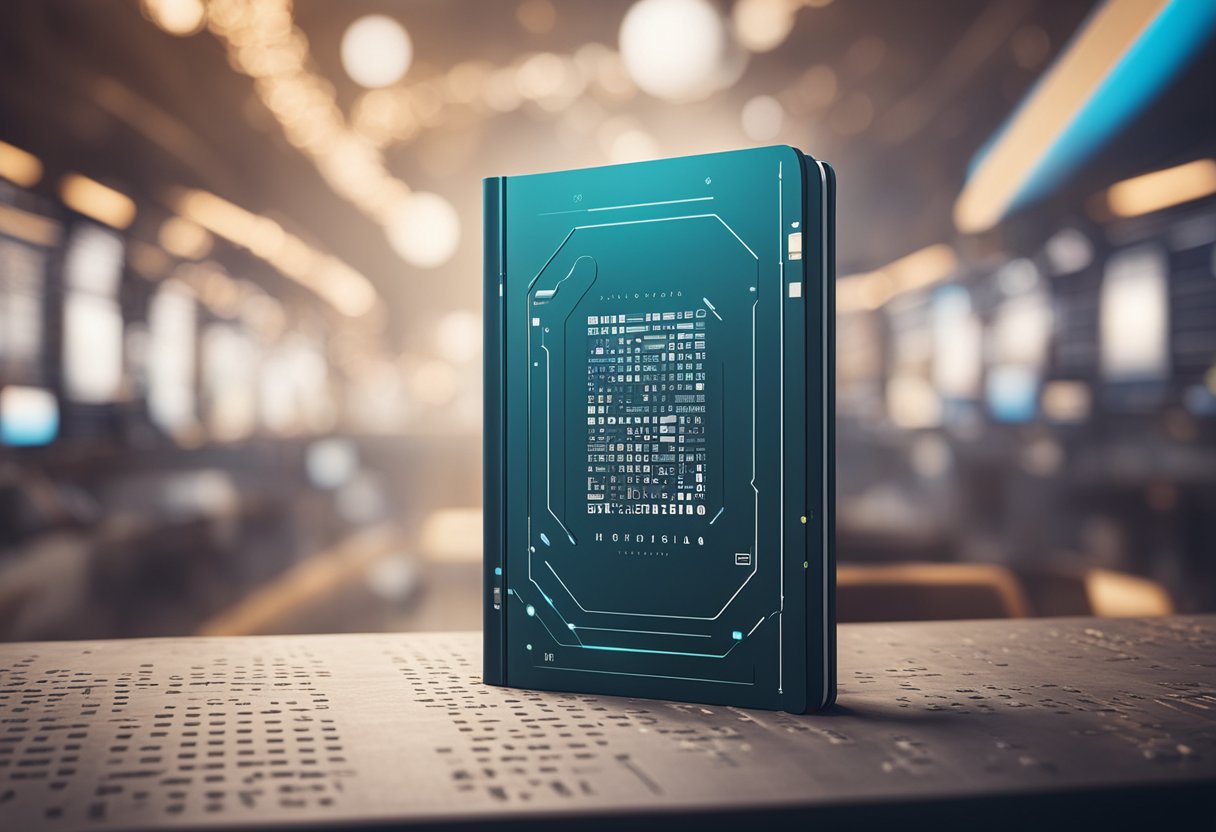 A futuristic book cover with bold typography and digital elements, surrounded by social media icons and interactive features
