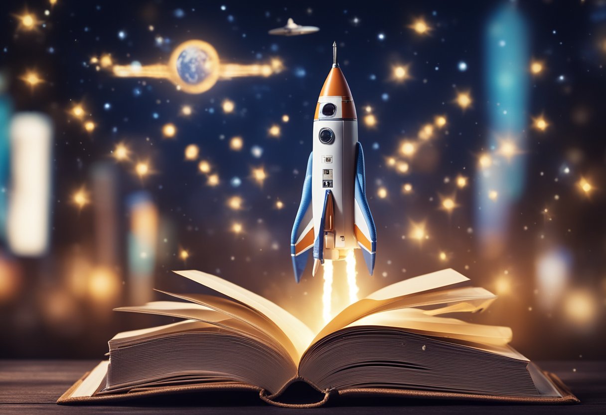 A book with a rocket strapped to it, soaring through a starry sky, surrounded by glowing advertisements and marketing strategies