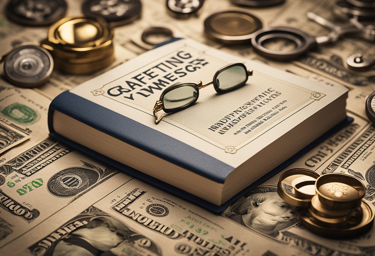 A book cover with bold text "Crafting Your Advertising Message" surrounded by strategic advertising elements like a magnifying glass, target symbol, and dollar signs