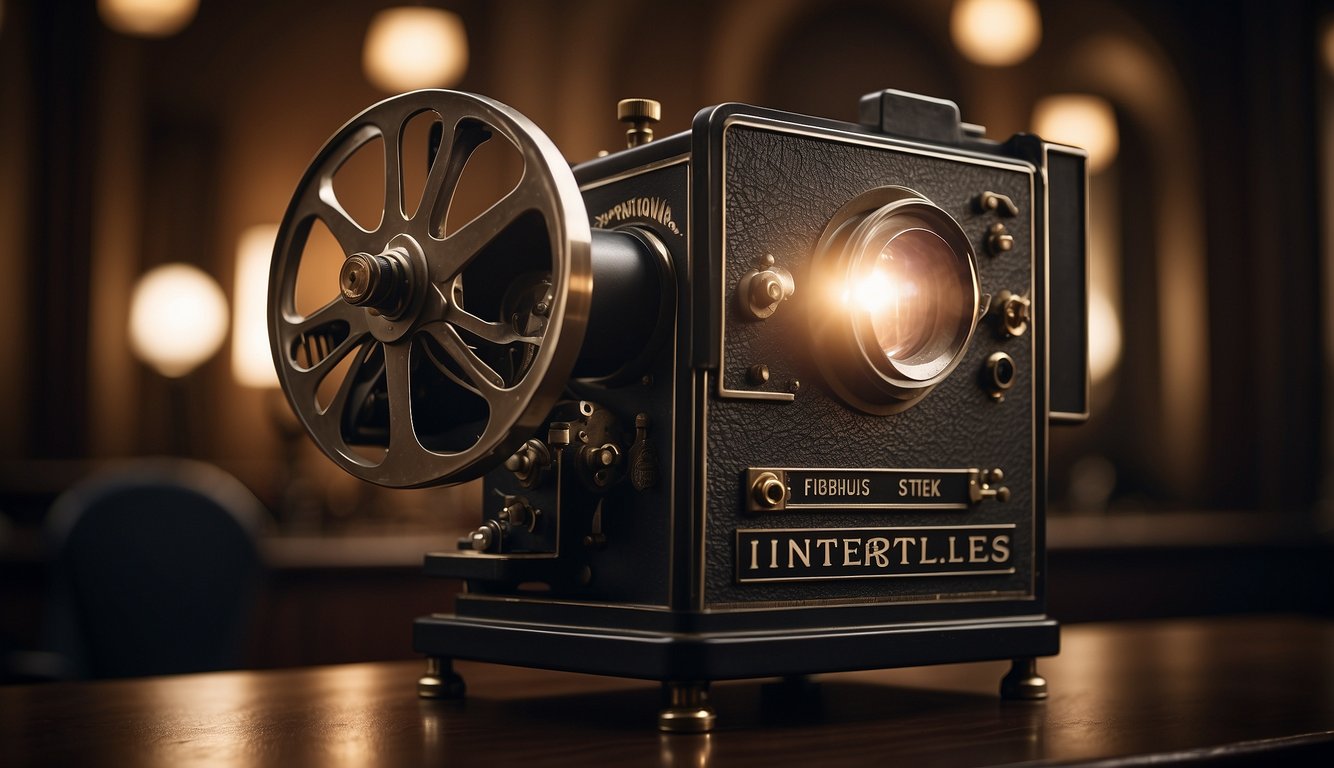 A vintage film projector illuminates a dark room, casting light on a blank screen. The word "Intertitles" is displayed in bold font, surrounded by ornate decorative elements
