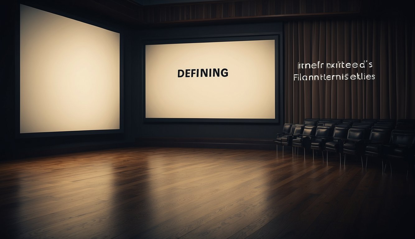 A blank movie screen with the words "Defining Intertitles" and "What Are Intertitles in Film: Definition, History & Purpose" written in bold letters