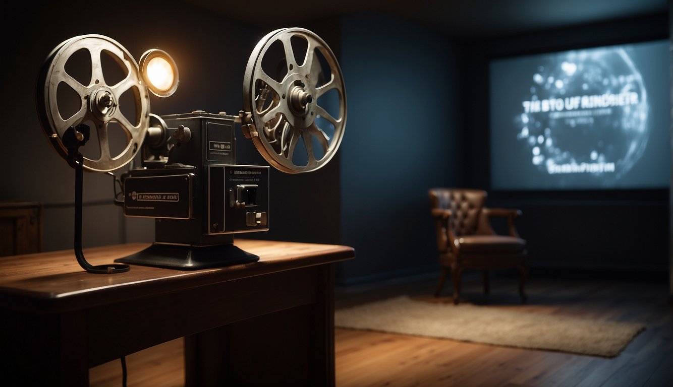 A dimly lit room with a flickering projector, displaying intertitles on a blank wall. An old-fashioned film reel and projector stand nearby